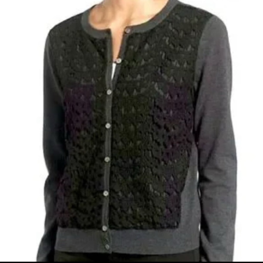 Vince Camuto Black Gray Knit Lace Button up Cotton Cardigan Soft Classic sweater - Picture 2 of 6